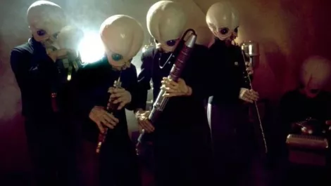Three futuristic instruments straight out of a Star Wars cantina