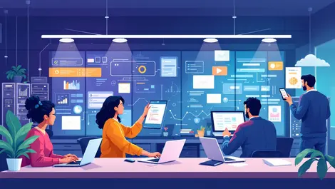 Modern office workspace north american it professionals collaborating laptops servers