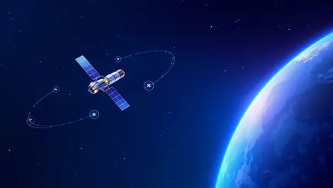 Realistic satellite earth ai data overlays space blue sky curvature