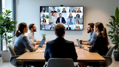 Modern office australian professionals hybrid meeting in person and virtual collaboration