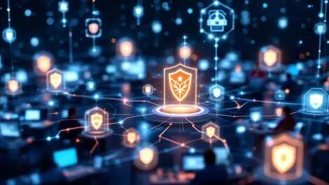 Interconnected computer screens servers glowing shield icons modern office it professionals nz eu