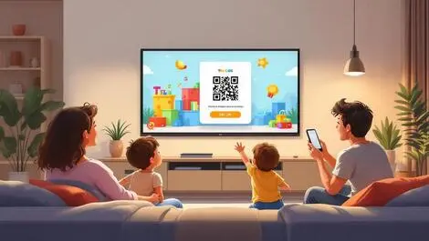 Family watching tv modern living room toy advertisement qr code scanning smartphone australian home