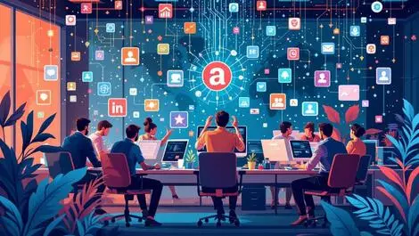 Modern illustration busy australian office professionals digital saas icons ai neural network background