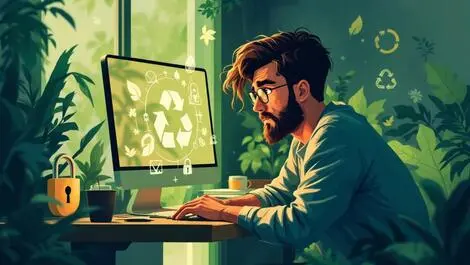 Realistic illustration person computer desk concerned eco icons cybersecurity shields green tones awareness