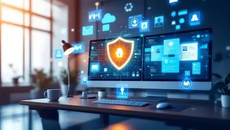 Sleek office workspace digital screens ai protection cybersecurity hybrid work