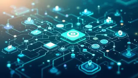 Abstract digital illustration interconnected nodes flowcharts cybersecurity workflows speed efficiency