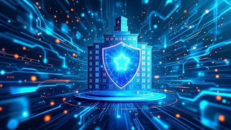 Abstract digital shield protecting hospital ai cybersecurity healthcare defense