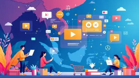 Southeast asian consumers online shopping mobile laptops video cart icons map