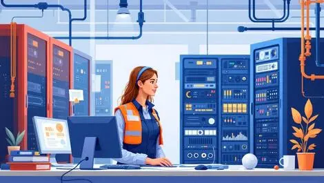 Woman engineer data center server racks computer equipment modern uk workplace