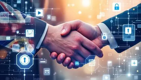Business handshake british pound banknotes digital security uk tech investment