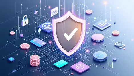 Digital shield financial icons coins bank cards secure automated fraud protection