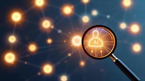 Interconnected software components glowing nodes magnifying glass ai monitoring