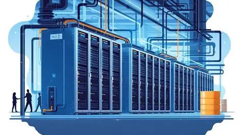 Modern data centre interior cooling units server racks liquid tubes