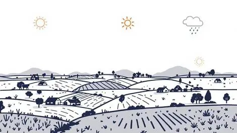 Rural australian farmland houses weather sun rain heat illustration