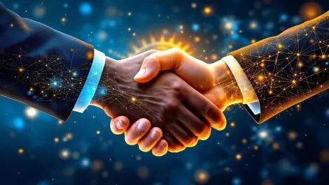 Two shaking hands business partnership ai integration enterprise gear network