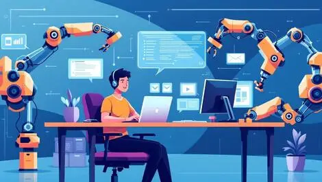 Human customer service agent computer screens robotic arms automation