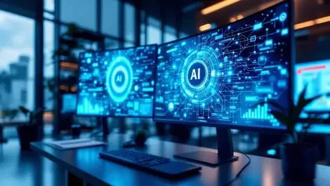 Realistic photo sleek computer workstation multiple large monitors ai network graphics modern corporate office