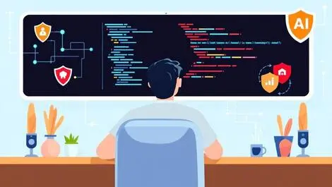 Software developer coding with security shields and ai brain network icons