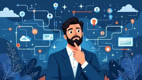 Thoughtful businessperson crossroads branching paths symbols choices data charts