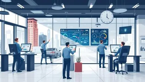 Modern automotive research centers engineers connected vehicles diagnostics european cityscape