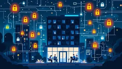 Illustration office building night digital locks cyber threats australian business