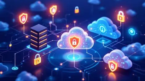 Secure data flow ai neural network cloud icons glowing shields