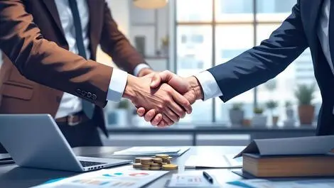 Business professionals handshake financial documents laptop currency modern office acquisition