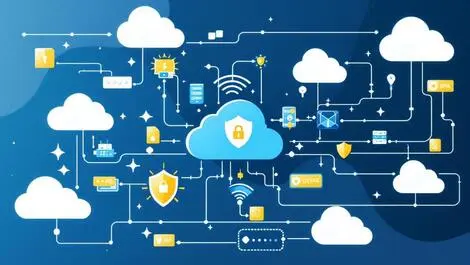 Servers cloud icons secure data streams shield symbols data protection recovery it