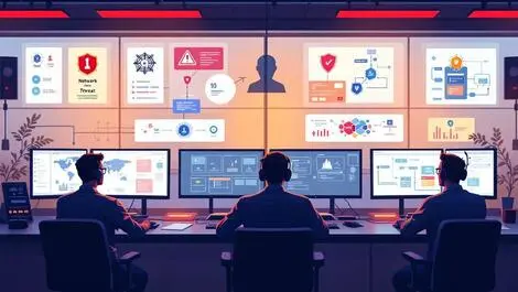 Detailed illustration security operations center analysts monitoring threats