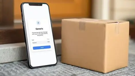 Smartphone showing notification unopened cardboard package doorstep online delivery scams