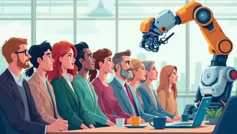 Illustration people waiting job interview robotic arm selecting candidates office