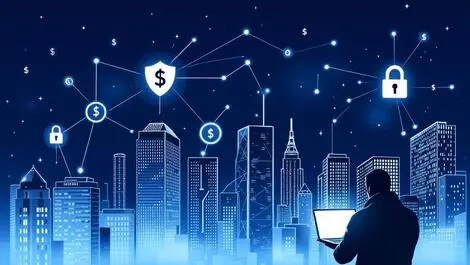 Canadian city skyline shadowy figure laptop ai security finance