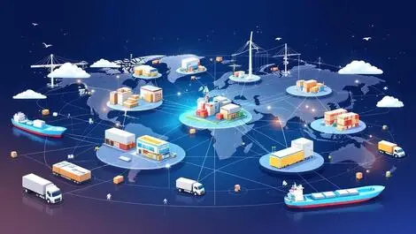 Illustration global supply chain network warehouses trucks ships logistics efficiency