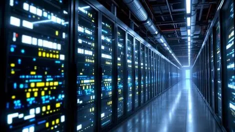 Realistic photo large high tech data centre illuminated server racks cooling systems modern london north american style