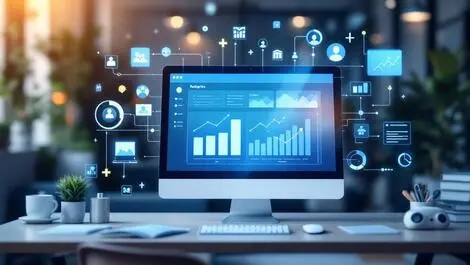 Photorealistic retail analytics dashboard data flow customer profiles desk