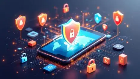 Realistic smartphone with digital security shields locks global map