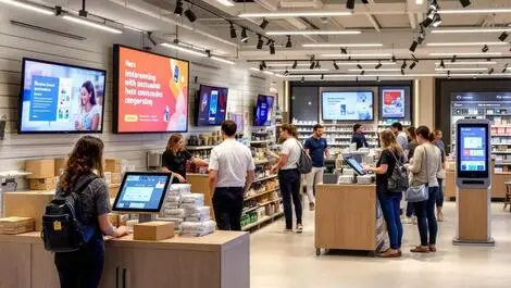 Modern australian retail store interior digital screens online orders touchscreen kiosks