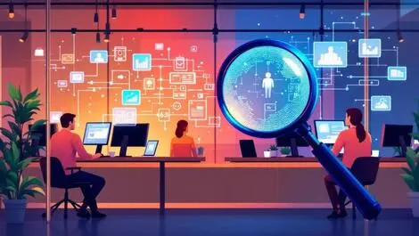 Modern bank office people working computers digital data networks investigation compliance