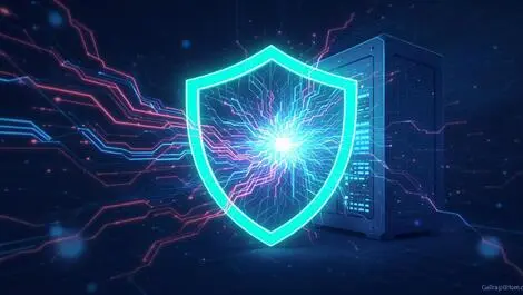 Digital shield protecting server against cyberattack red blue data lines clean illustration