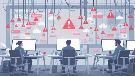 Frustrated software engineers tangled server cables cloud server warnings