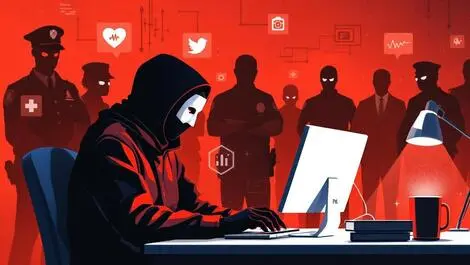 Masked figure at computer digital shadows healthcare symbols us law enforcement