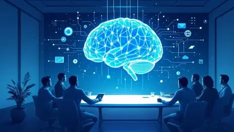 Business meeting large digital brain ai central force enterprise decision