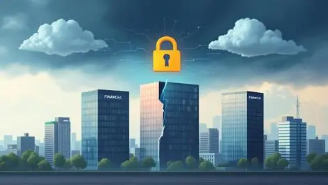 Modern office buildings financial institutions digital lock cracked storm clouds data resilience risks
