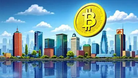Digital token floating above high rise city skyline with assets