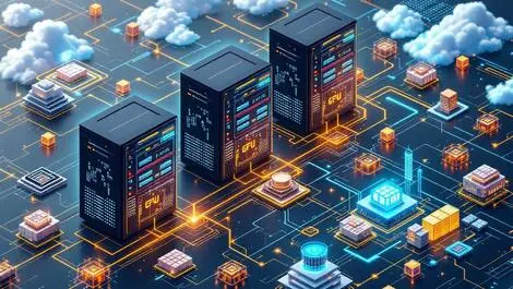 Detailed illustration interconnected computer servers gpu data streams nodes