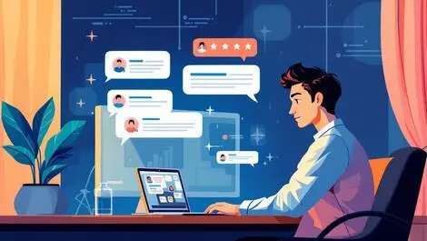 Apac business office employee reviewing customer feedback ai speech bubbles