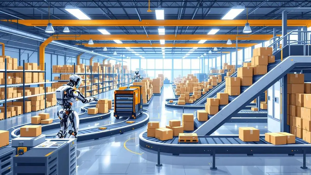 Detailed illustration modern warehouse robots ai powered machines sorting packages