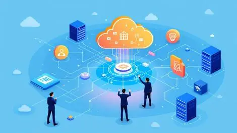 Interconnected computer servers cloud icons it professionals coordinating migration