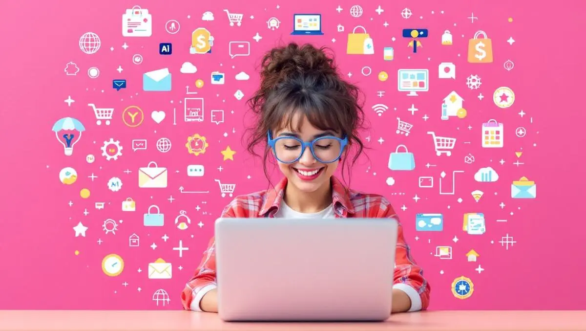 Cheerful shopper laptop digital shopping icons ai online shopping rapid rise