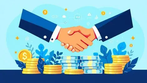 Businesspeople handshake over currency stack with ai icons tech acquisition